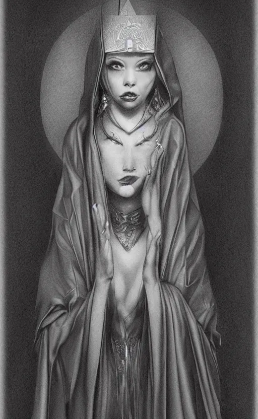 Image similar to the high priestess, by vonnart, black and white graphite drawing, smooth render, 3 / 4 view