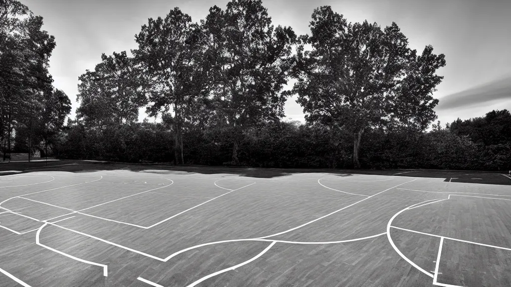 Prompt: a photograph of an empty basketball court in a scenic location, in the styles of cameron look, andrew bernstein, and ansel adams. intricate, hyperrealistic, monochrome hdr, accurate court