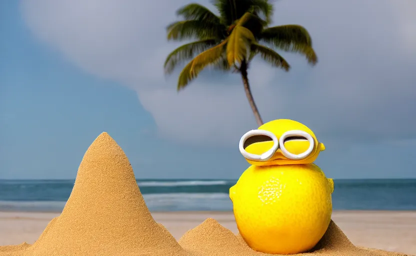 Prompt: 5 0 mm photograph, of a real anthropomorphic lemon cartoon character, it has lemon skin texture, it's wearing a hat and a vr head, building a sandcastle on the beach at sunset, beach, waves, sun, clouds, tropical trees, rim light, sand, sandcastle, volumetric lightening, pentax k 1 0 0 0