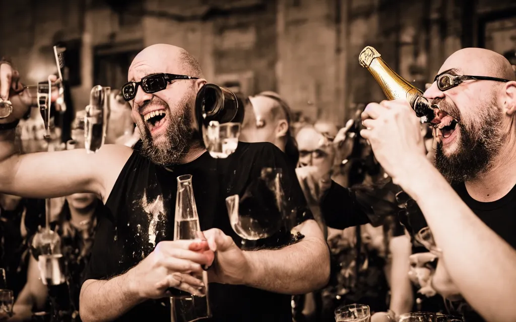 Image similar to photography of the musician marc rebillet drinking champagne at his concert, public is annoyed and throws cans on the stage, a big bald guy is laughing and points at marc rebillet 4 k,