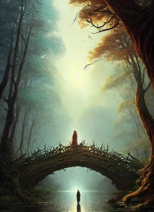 Image similar to book cover!!!!!!!!!!!!, old bridge, fantasy forest landscape, fantasy magic, light night, intricate, elegant, sharp focus, illustration, highly detailed, digital painting, concept art, matte, art by wlop and artgerm and ivan shishkin and andrey shishkin, masterpiece