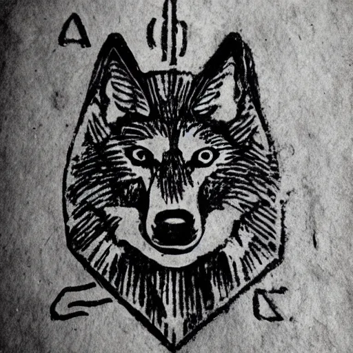 Prompt: wolf with three heads iconography old occult runes intaglio etching engraving alchemy ink witchcraft