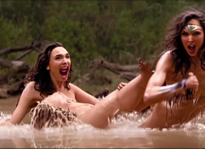 Prompt: gal gadot as a cavewoman oil wrestling with taylor swift as a cavewoman, movie still photograph taken by richard kern, from the movieclan of the cave bear, 8 k, realistic