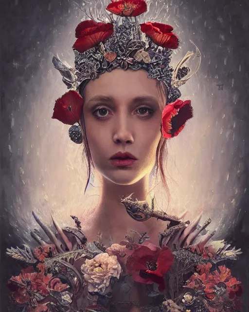 Image similar to portrait of a gorgeous young poppy queen, uniquely beautiful, surreal, fantasy, ornamental, intricate, elegant, dramatic lighting, emotionally evoking symbolic metaphor, highly detailed, lifelike, photorealistic, digital painting, artstation, concept art, smooth, sharp focus, illustration, art by John Collier and Krenz Cushart and Artem Demura and Alphonse Mucha and Albert Aublet