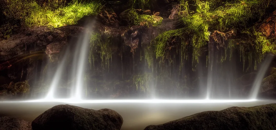 Image similar to beautiful view of the bottom of a rocky forest waterfall at night, glowing water with caustics, calm, dark atmosphere, dappled light, reflections, bubbles, refraction, symmetry, cinematic lighting, ultra detailed, sharp, ambient occlusion, bloom, raytracing, by dylan cole, sebastian meyer and jordan grimmer