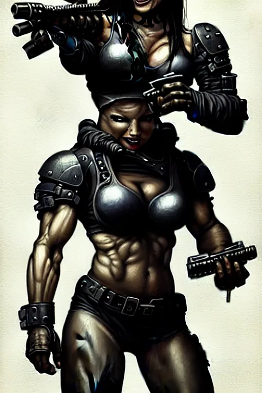 Image similar to gina carano as an ork with prothesis metallic left arm, casual black clothing, muscular, realistic proportions, casual pose, large portrait, sci - fi, shadowrun, rpg character, gun, digital painting, artstation, concept art, smooth, 8 k frostbite 3 engine, ultra detailed, art by artgerm and greg rutkowski and magali villeneuve