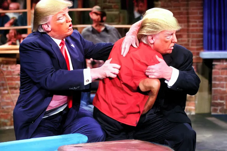 Prompt: donald trump getting in a fight with a midget on jerry springer tv show