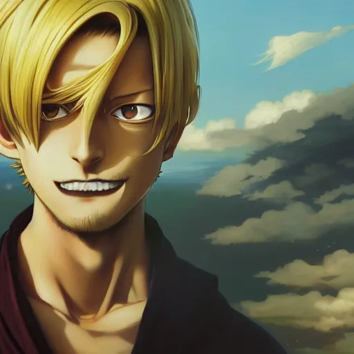 Prompt: highly detailed vfx portrait of serene sanji by eiichiro oda, blonde hair, stephen bliss, greg rutkowski, rhads, makoto shinkai, tom bagshaw, alphonse mucha, sharp focus, art by artgerm, greg rutkowski, stanley kubrick, backlit, harsh overhead sunlight, matte, johannes vermeer,