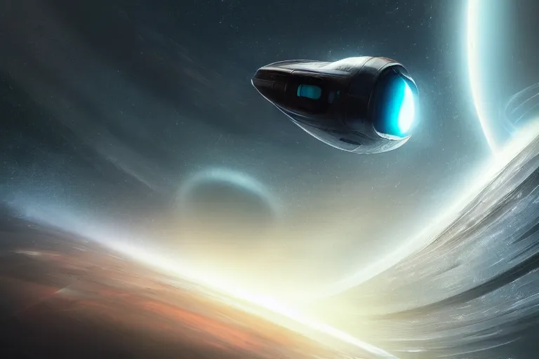 Prompt: A professional photo of a futuristic spaceship in orbit around a black hole; high-quality, dramatic lighting; extremely high detail; trending on artstation