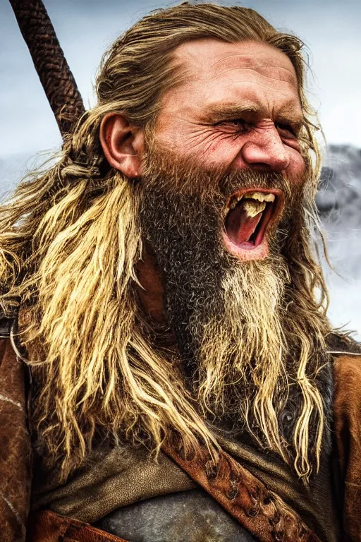 Prompt: a realistic photograph of a rugged viking man celebrating in valhalla, highly detailed, portrait, close - up,