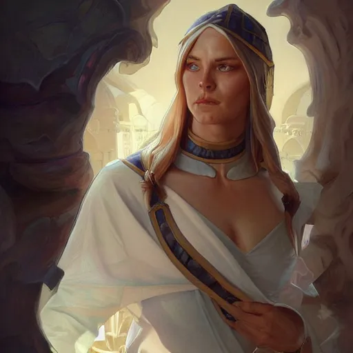 Prompt: muscular female nun, deep focus, d & d, fantasy, intricate, elegant, highly detailed, digital painting, artstation, concept art, matte, sharp focus, illustration, hearthstone, art by artgerm and greg rutkowski and alphonse mucha