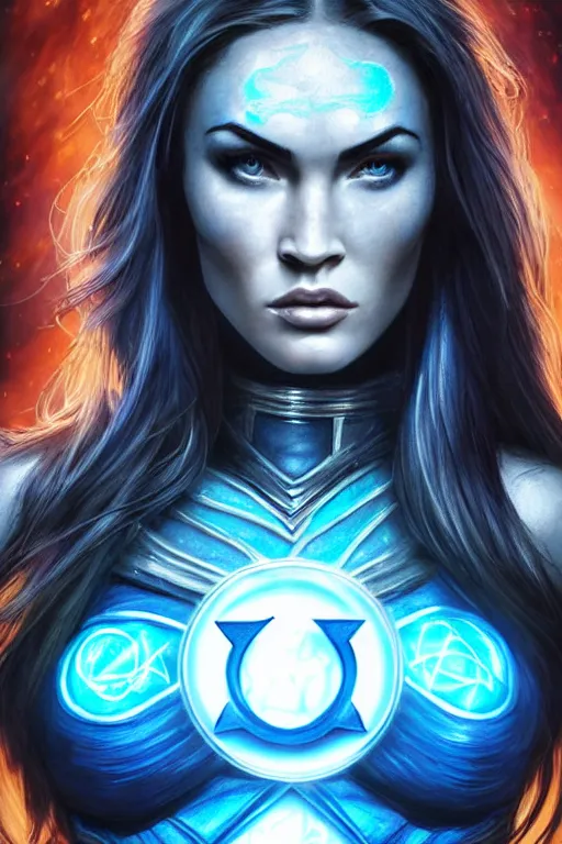 Image similar to majestic and regal portrait of megan fox female blue lantern, dc universe, perfect face, beautiful, intricate, epic, elegant, fantasy, highly detailed, digital painting, hard focus, beautiful volumetric lighting, epic light, ultra detailed, by leesha hannigan, ross tran, thierry doizon, kai carpenter, ignacio fernandez rios