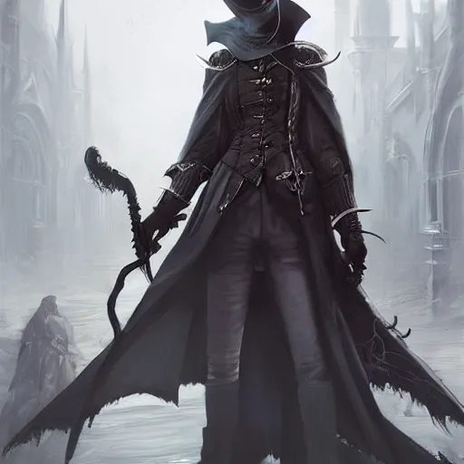 Image similar to female bloodborne hunter, long coat, by charlie bowater, loish, artgerm, krenz cushart, wlop, ilya kuvshinov, range murata