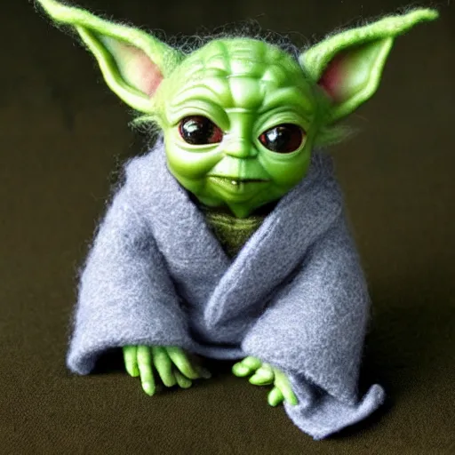 Prompt: baby yoda figurine made out of wool highly detailed, photorealistic