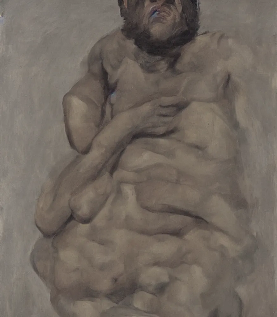 Image similar to portrait of a young man without shirt in the style of lucian freud. his face has many wrinkles, cuts and character. he is looking down. oil painting, thick brush strokes. shadows. clean gray brown background. lit by a single light from above his head. perspective from below. 5 0 mm