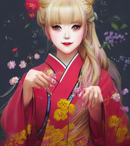Image similar to hiyoko saionji, a japanese girl with blonde pigtails and a floral kimono, dances onstage, traditional japanese dancing, regal and elegant, art by stanley lau, artgerm, rossdraws, ross tran, sakimichan, cyarine, beautiful art