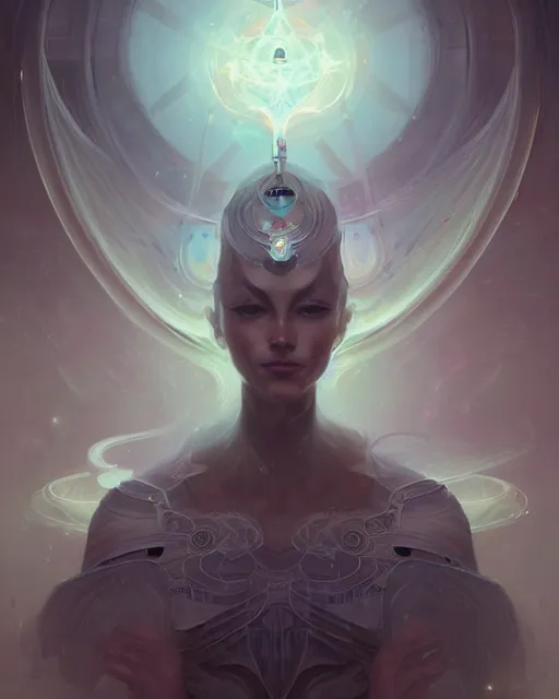 Image similar to portrait of a beautiful cybernetic emanation from the book \'angelarium\', by pete mohrbacher and artgerm and wlop, digital art, highly detailed, intricate, fantasy, mystical, Trending on Artstation HQ, deviantart, unreal engine, 4K UHD image