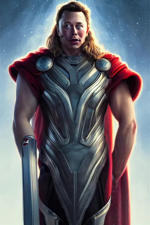 Image similar to elon musk as thor, realistic portrait, symmetrical, highly detailed, digital painting, artstation, concept art, smooth, sharp focus, illustration, cinematic lighting, art by artgerm and greg rutkowski and alphonse mucha