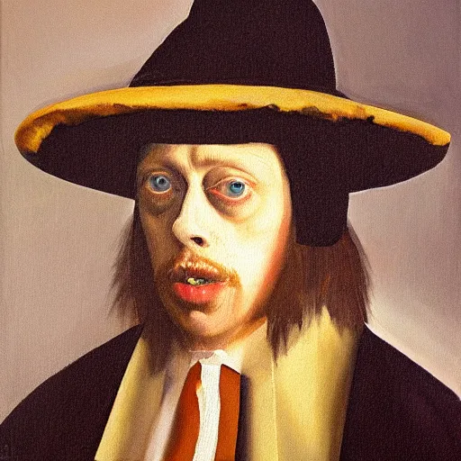 Image similar to oil painting portrait of steve buscemi wearing a fireman hat, oil on canvas, high quality, johannes vermeer