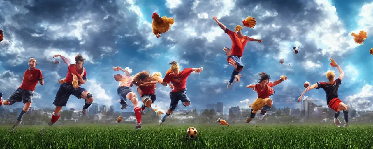 Image similar to wide shot of four people throwing a chicken in the air on an run - down soccer field, hyperrealistic, volumetric lighting, giant clouds, godrays, 4 k, digital painting by akira toriyama, highly detailed background, trending on artstation