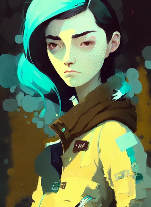 Image similar to highly detailed portrait of a moody sewerpunk young adult lady by atey ghailan, by greg rutkowski, by greg, tocchini, by james gilleard, by joe fenton, by kaethe butcher, gradient yellow, black, brown and cyan color scheme, grunge aesthetic!!! ( ( graffiti tag city background ) )