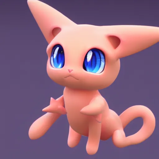 Image similar to nymph render of a very cute 3d Mew pokemon, adorable eyes, cute smile, full round face, bright sunny time, serene forest setting, medium shot, mid-shot, highly detailed, trending on Artstation, Unreal Engine 4k