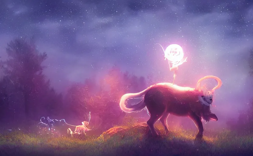 Prompt: a whimsical magical glowing creature in a night field, beautiful, cool dynamic lighting, moonlight, atmospheric, cinematic, highly detailed digital art