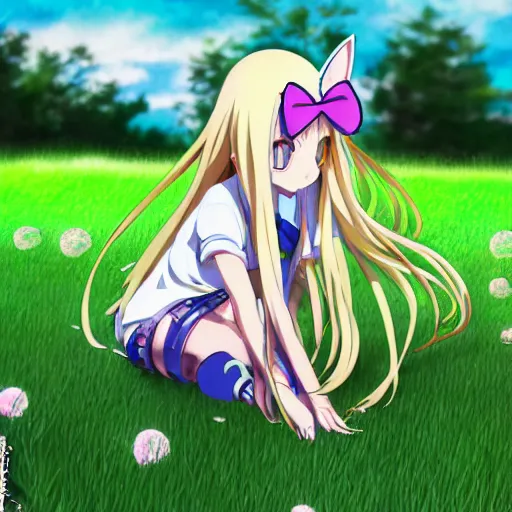 Prompt: 3 d photo of an anime girl with cat ears and long blond hair kneeling down, reaching over to grab grass bokeh, shader, anime art style, highly detailed, cel - shaded, colorful, animated, trending