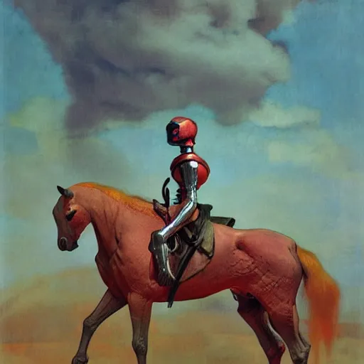 Prompt: carnivorous cyborg horse, by c. leyendecker, degas, simon stalenhag, studio ghibli, barlowe, audobon and beksinski