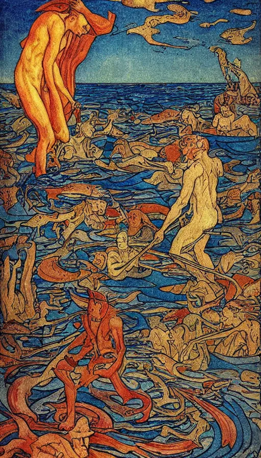 Prompt: man on boat crossing a body of water in hell with creatures in the water, sea of souls, by ivan bilibin,