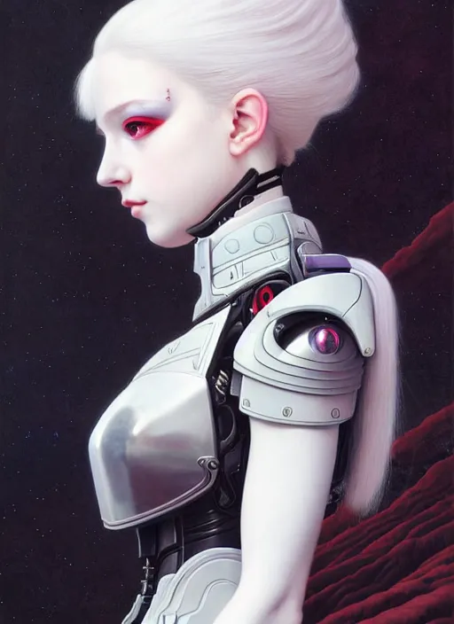 Image similar to portrait of beautiful cute young goth balenciaga military maiden cyborg girl with white hair in warhammer armor, art by ( ( ( kuvshinov ilya ) ) ) and wayne barlowe and gustav klimt and artgerm and wlop and william - adolphe bouguereau