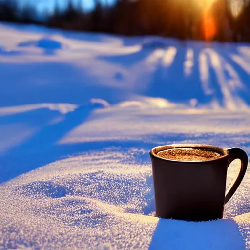 Prompt: cup of coffee steaming in the snow, 4k HD award winning photograph, golden hour, close up