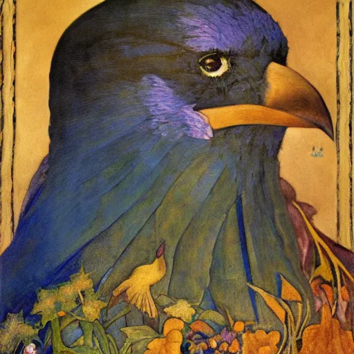 Prompt: portrait of a crow wearing a crown, by Annie Swynnerton and and Nicholas Roerich and Maxfield Parrish and Diego Rivera , symbolist, dramatic lighting, embroidered brocade robes, god rays, rich colors,smooth, sharp focus, extremely detailed