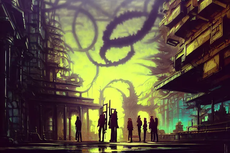 Image similar to baroque oil painting of anime key visual environment concept art of the gates of hell in the middle of a cyberpunk city, brutalist, dark fantasy, rule of thirds, digital cel shading, fake hidden detail, trending on pixiv fanbox, acrylic palette knife and brush, style of makoto shinkai studio ghibli jamie wyeth james gilleard greg rutkowski