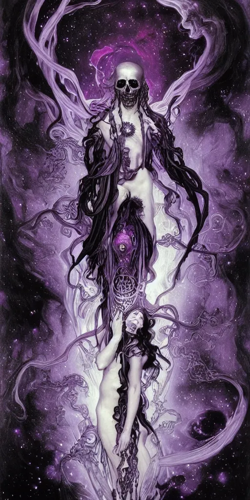 Image similar to intense glowing black metal pagan god with tentacles and intense black eyes with a skull in very dark purple cosmic space nebula by karol bak and alphonse mucha and artgerm, portrait, fantasy, clear, light beams, lens flare, soft, uhd, amazing depth, cinematic lighting, violet and magenta and black and white and metallic silver