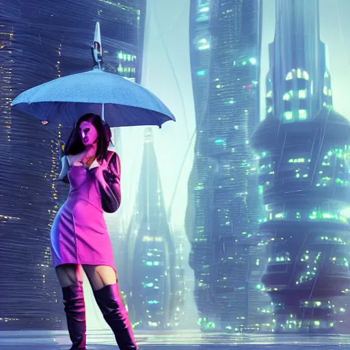 Prompt: a picture of a woman holding an umbrella, futuristic city, cyberpunk art by fyodor vasilyev, zbrush central contest winner, cubo - futurism, synthwave, darksynth, retrowave