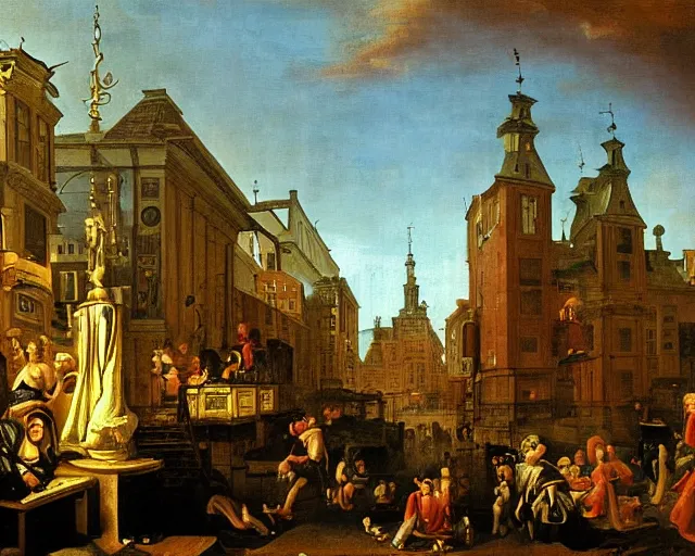 Prompt: baroque dutch painting from 1 6 7 0 of a cyberpunk city nightlife