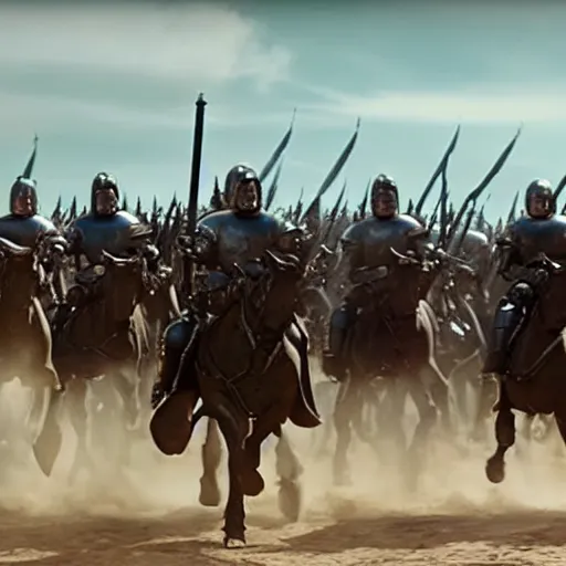 Prompt: Film still of Ser Barristan Selmy leading a knight cavalry charge at the Battle of the Trident