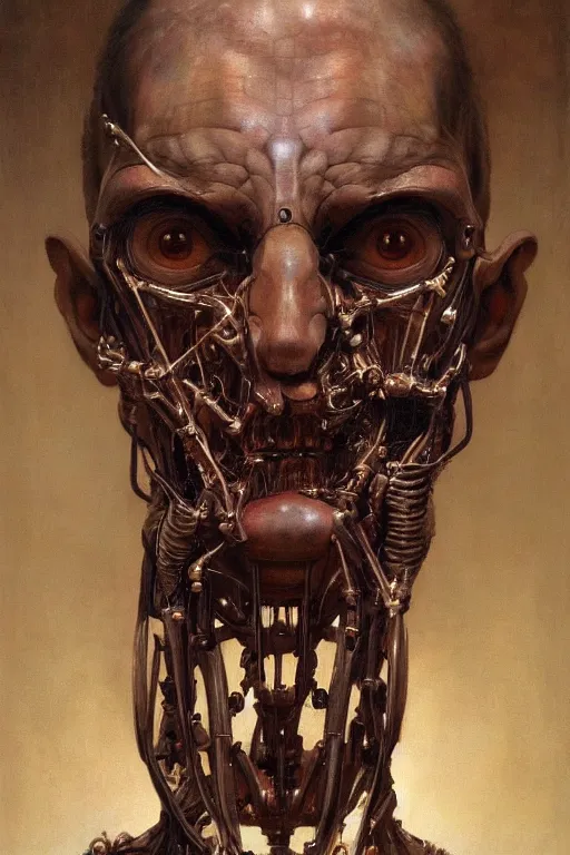 Prompt: beautiful oil painting portrait of biomechanical man face connected to the machine by wayne barlowe, rembrandt, detailed, trending on cgsociety, stunning, realistic skin color, 4 k, high res, awardwinning, masterpiece, realistic lighting