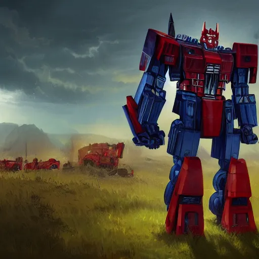 Image similar to optimus prime in a field, matte painting by greg rutkowski, artstation