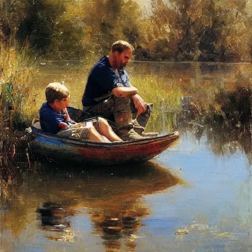 Image similar to painting of dad and son thinking together in boot on a calm lake, by pino daeni