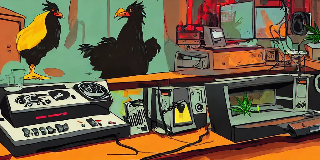 Image similar to 'black chicken'!!! smoking 'cannabis'!!!!!! in front of 'audio console'!!!! and 'multi monitors'!!!! 'in a hi-tech tv broadcasting studio'!!!!, artwork by James Gilleard