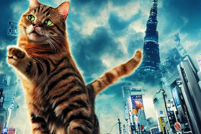 Image similar to cat attacking Tokyo, disaster movie poster, masterpiece, masterwork, cgstudio