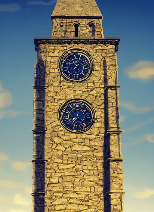 Prompt: tall stone clock tower flying in the sky above a medieval town, abstract, fantasy, blue sky, hyperdetailed, artstation, godrays, cinematic lighting, digital art, 8 k