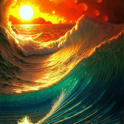 Image similar to ocean wave crashing around giant psychedelic mushroom, lsd water, dmt waves, backlit, sunset, refracted lighting, art by collier, albert aublet, krenz cushart, artem demura, alphonse mucha