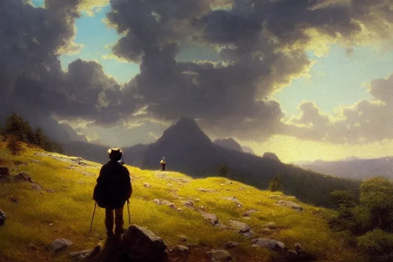 Image similar to a traveler wandering trough the mountains looking at the clouds, very detailed, focused, oil painting, cinematic lighting, albert bierstadt, trending on artstation, colorful, canvas, sunset, hans dahl, theodor kittelsen, hermann hendrich, national geographic, Konstantin Yakovlevich Kryzhitsky, beautiful nature, breathtaking, nordic