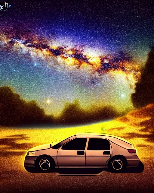 Prompt: there is a broken public car under the milky way, night scene, photography, fine details. night setting. trending on art station