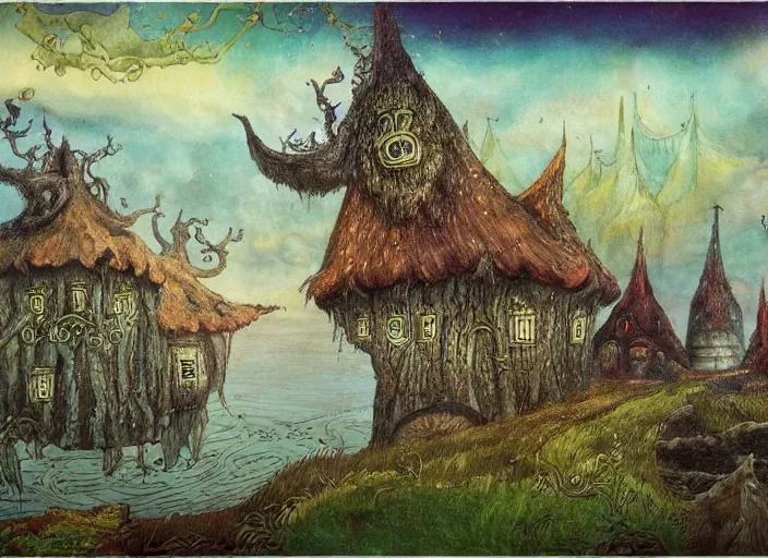 Image similar to a fantasy landscape with houses around a big lake, lowbrow in the style of alexander jansson and john bauer,