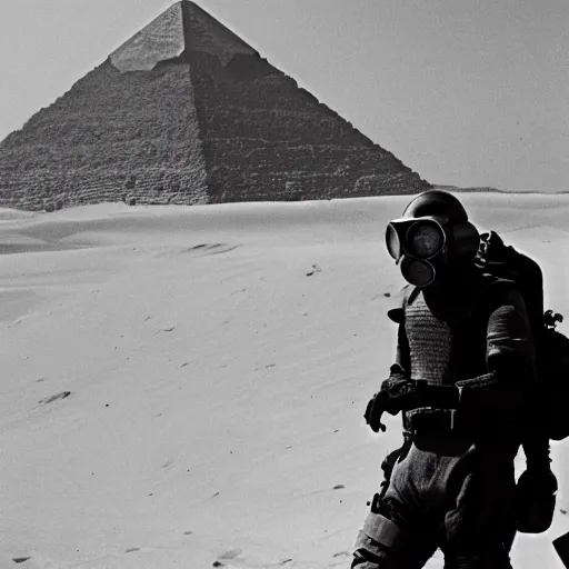 Image similar to a heavily armored man wearing a gasmask, walking over sand dunes, pyramid in background, film still, arriflex 3 5