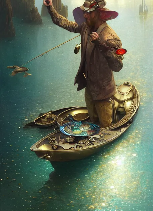 Image similar to hyper realistic fisherman, birds eye view, magical, gems, jewels, gold, steampunk, cyberpunk utopia, painted by tom bagshaw, mucha, gaston bussiere, craig mullins, j. c. leyendecker 8 k